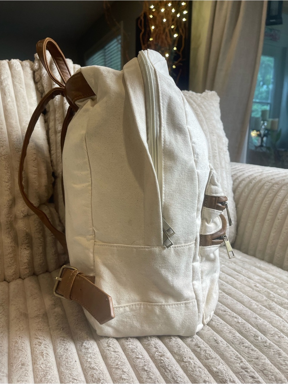 Canvas Backpack Cream White Brown Faux Leather Trim Travel School Bag - Picture 3 of 8